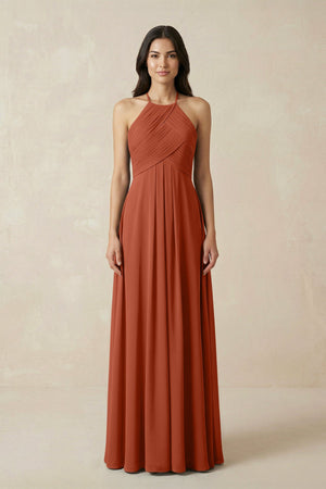 A-Line Halter Neck Pleated Chiffon Bridesmaid Dress in Spice - KissProm BRIDESMAID DRESSES