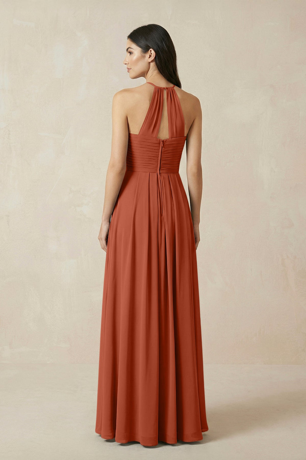 A-Line Halter Neck Pleated Chiffon Bridesmaid Dress in Spice - KissProm BRIDESMAID DRESSES