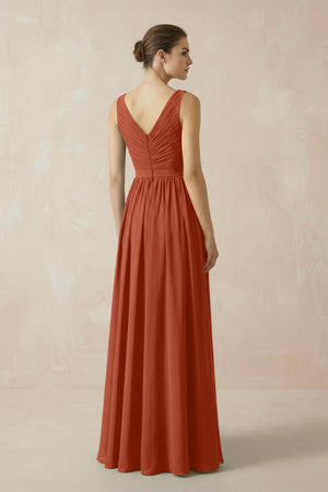 A-Line V-Neck Pleated Chiffon Bridesmaid Dress in Spice - KissProm BRIDESMAID DRESSES