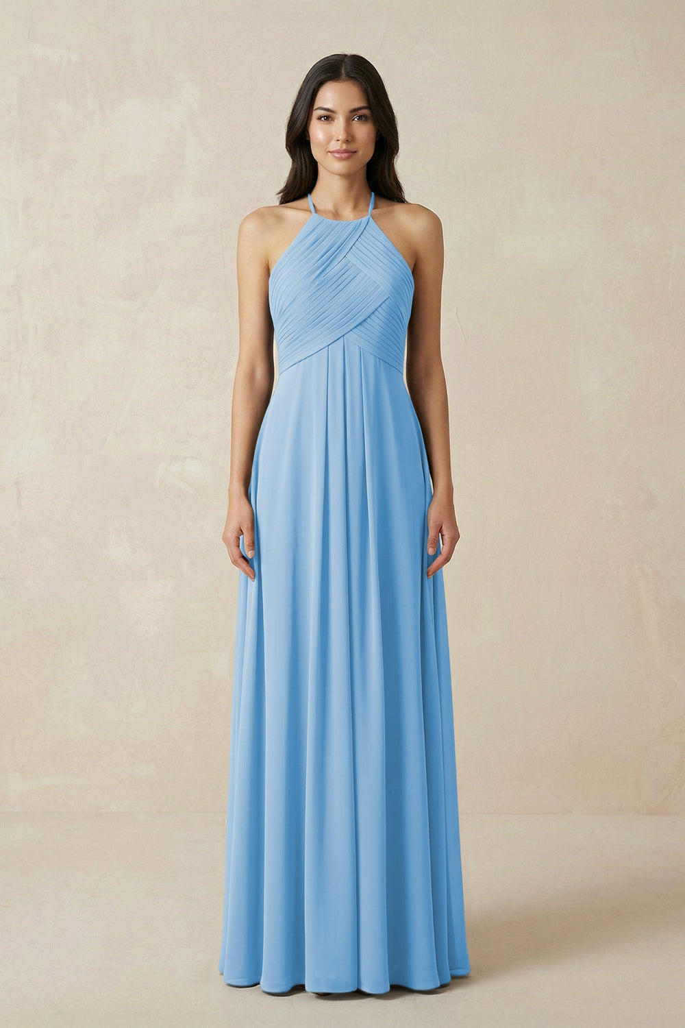 A-Line Halter Neck Pleated Chiffon Bridesmaid Dress in Steel Blue - KissProm BRIDESMAID DRESSES