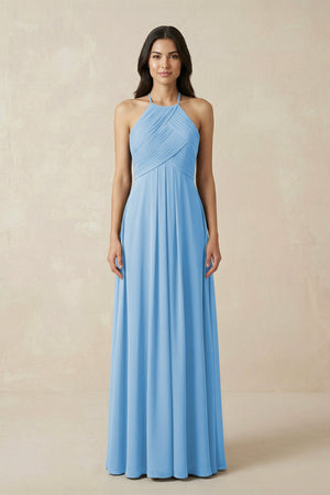 A-Line Halter Neck Pleated Chiffon Bridesmaid Dress in Steel Blue - KissProm BRIDESMAID DRESSES