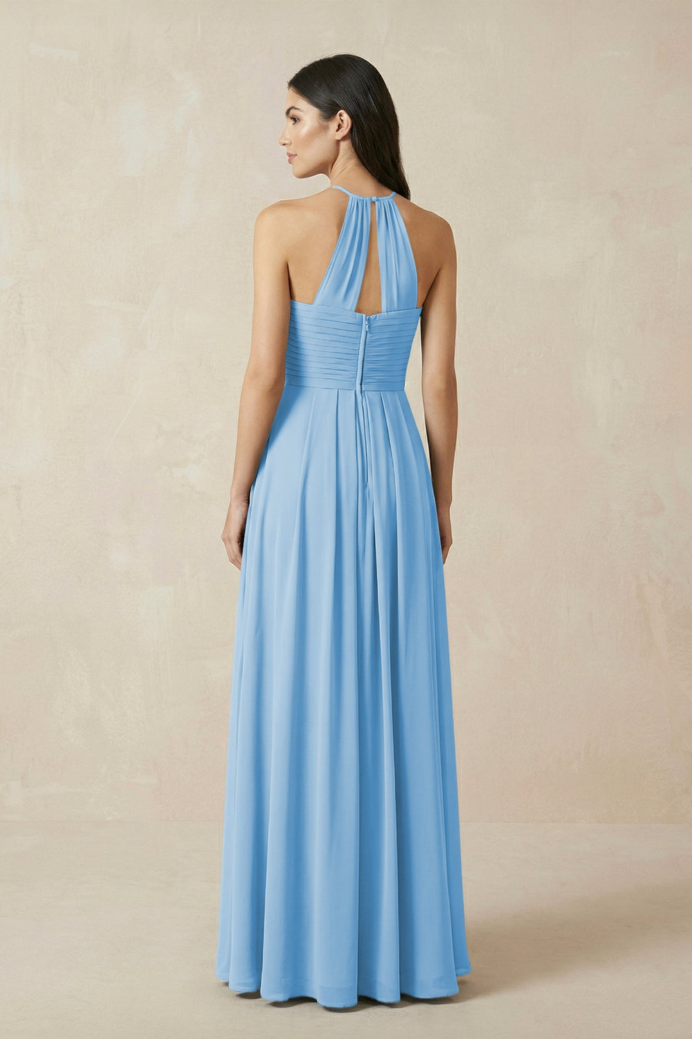 A-Line Halter Neck Pleated Chiffon Bridesmaid Dress in Steel Blue - KissProm BRIDESMAID DRESSES