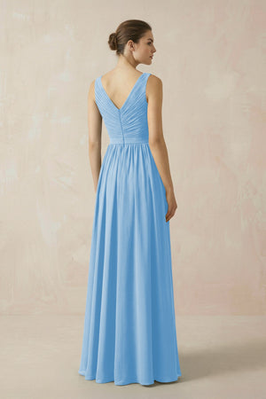 A-Line V-Neck Pleated Chiffon Bridesmaid Dress in Steel Blue - KissProm BRIDESMAID DRESSES