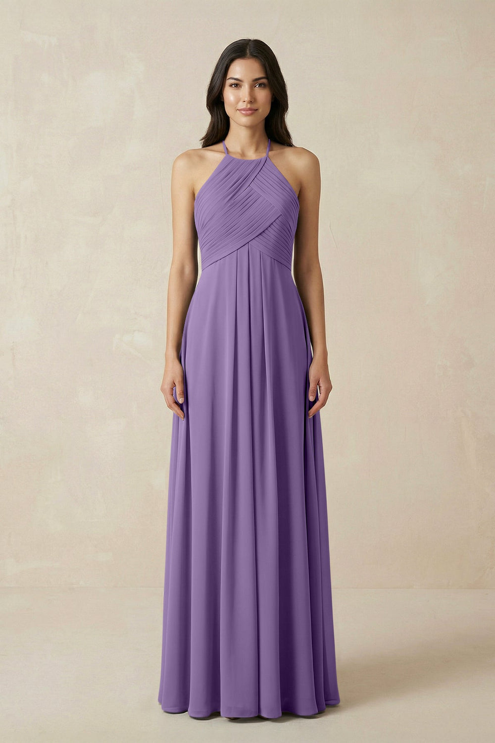 A-Line Halter Neck Pleated Chiffon Bridesmaid Dress in Tahiti - KissProm BRIDESMAID DRESSES