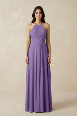 A-Line Halter Neck Pleated Chiffon Bridesmaid Dress in Tahiti - KissProm BRIDESMAID DRESSES
