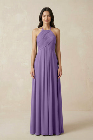 A-Line Halter Neck Pleated Chiffon Bridesmaid Dress in Tahiti - KissProm BRIDESMAID DRESSES