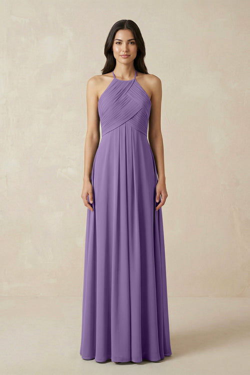 A-Line Halter Neck Pleated Chiffon Bridesmaid Dress in Tahiti - KissProm BRIDESMAID DRESSES