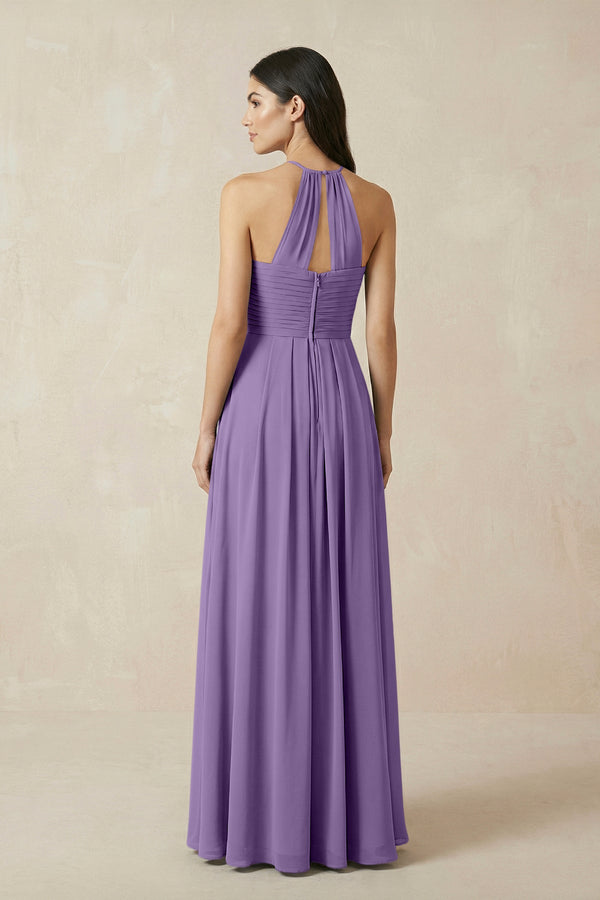 A-Line Halter Neck Pleated Chiffon Bridesmaid Dress in Tahiti - KissProm BRIDESMAID DRESSES