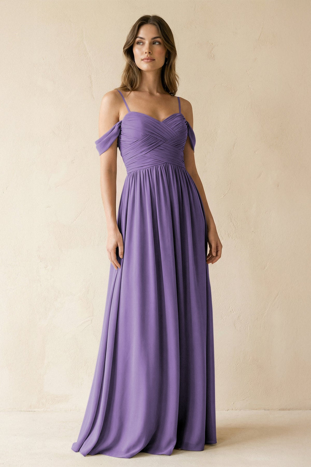 A-Line Off-the-Shoulder Pleated Chiffon Bridesmaid Dress in Tahiti - KissProm BRIDESMAID DRESSES