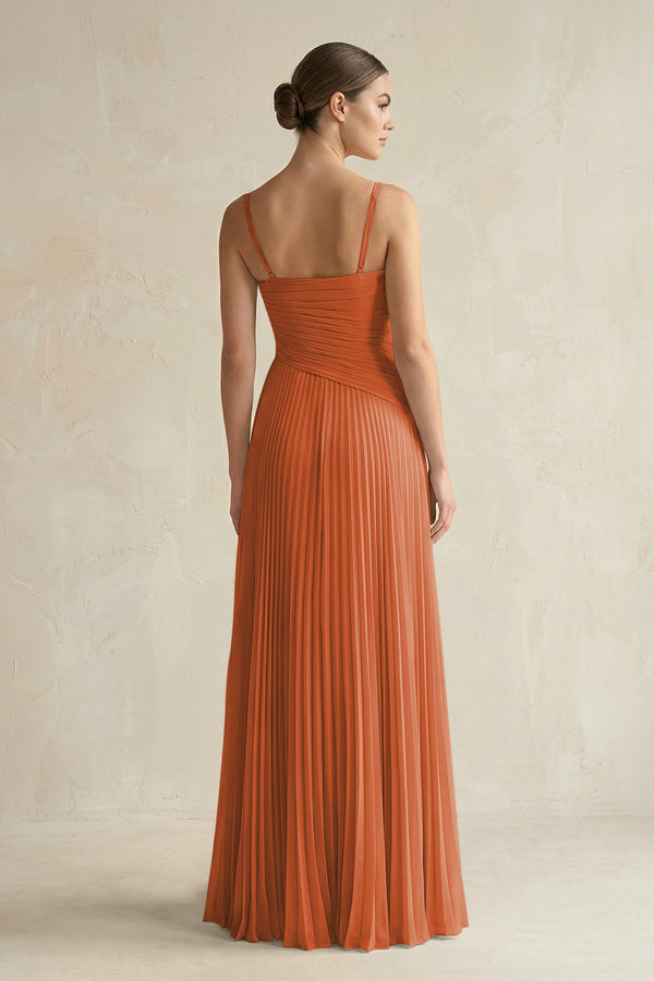 Pleated A-Line Long Chiffon Bridesmaid Dress in Terracotta