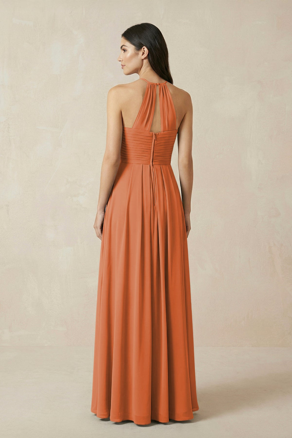 A-Line Halter Neck Pleated Chiffon Bridesmaid Dress in Terracotta - KissProm BRIDESMAID DRESSES