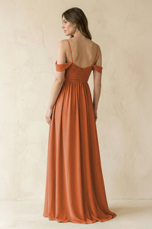 A-Line Off-the-Shoulder Pleated Chiffon Bridesmaid Dress in Terracotta - KissProm BRIDESMAID DRESSES