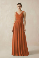 A-Line V-Neck Pleated Chiffon Bridesmaid Dress in Terracotta - KissProm BRIDESMAID DRESSES