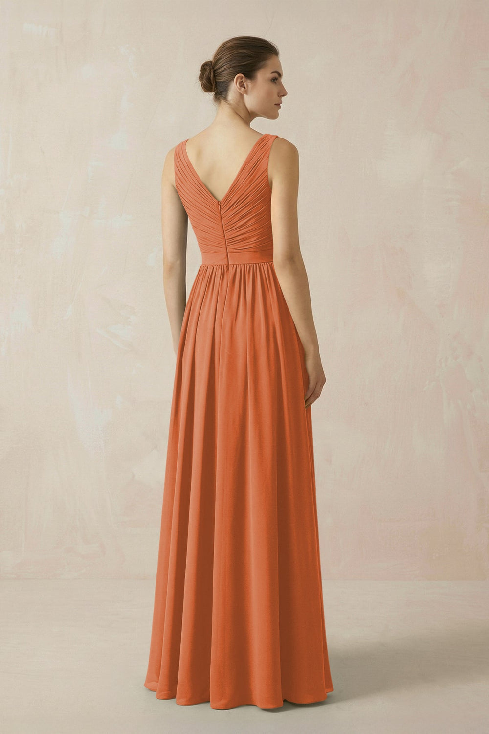 A-Line V-Neck Pleated Chiffon Bridesmaid Dress in Terracotta - KissProm BRIDESMAID DRESSES