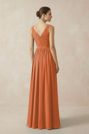 A-Line V-Neck Pleated Chiffon Bridesmaid Dress in Terracotta - KissProm BRIDESMAID DRESSES