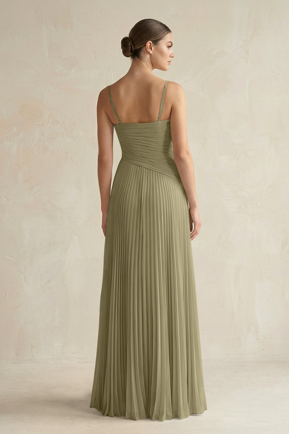 Pleated A-Line Long Chiffon Bridesmaid Dress in Thyme