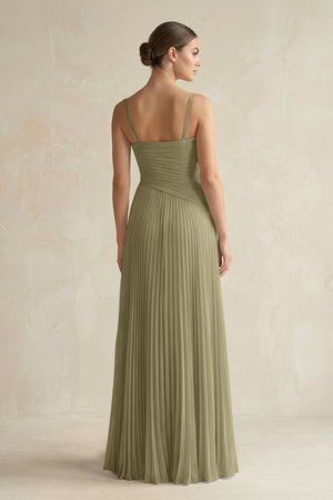 Pleated A-Line Long Chiffon Bridesmaid Dress in Thyme