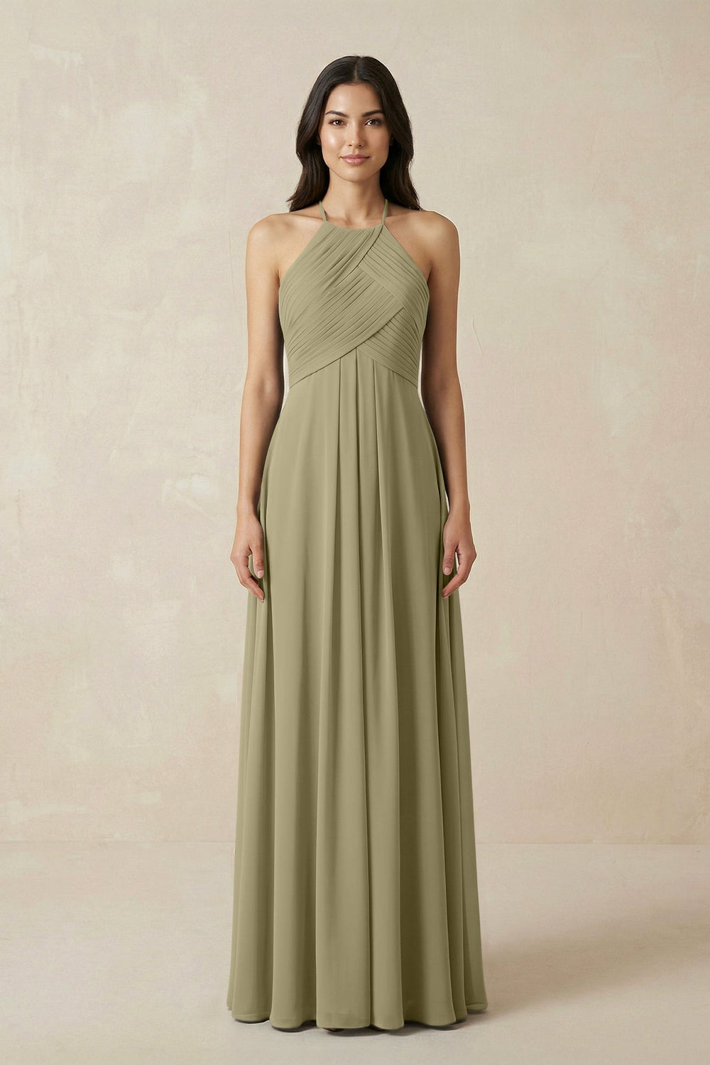 A-Line Halter Neck Pleated Chiffon Bridesmaid Dress in Thyme - KissProm BRIDESMAID DRESSES