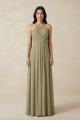 A-Line Halter Neck Pleated Chiffon Bridesmaid Dress in Thyme - KissProm BRIDESMAID DRESSES