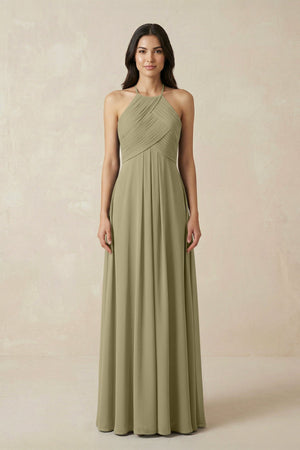 A-Line Halter Neck Pleated Chiffon Bridesmaid Dress in Thyme - KissProm BRIDESMAID DRESSES