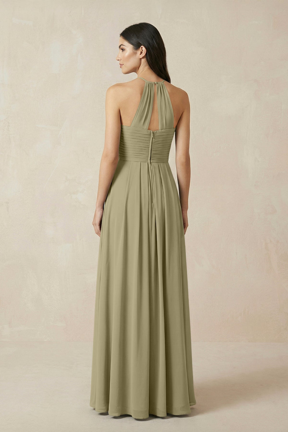 A-Line Halter Neck Pleated Chiffon Bridesmaid Dress in Thyme - KissProm BRIDESMAID DRESSES