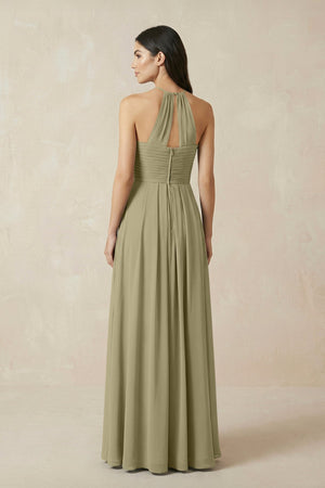 A-Line Halter Neck Pleated Chiffon Bridesmaid Dress in Thyme - KissProm BRIDESMAID DRESSES