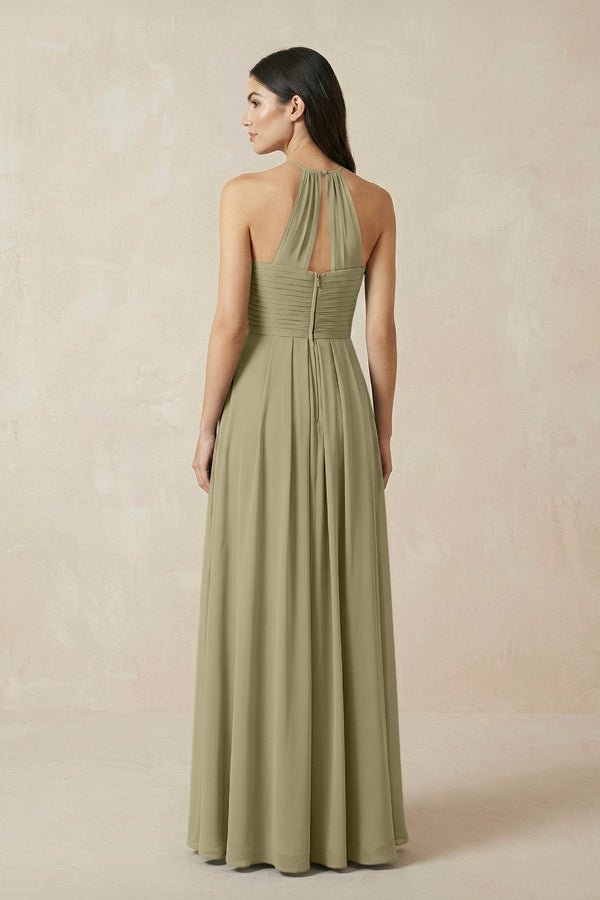 A-Line Halter Neck Pleated Chiffon Bridesmaid Dress in Thyme - KissProm BRIDESMAID DRESSES
