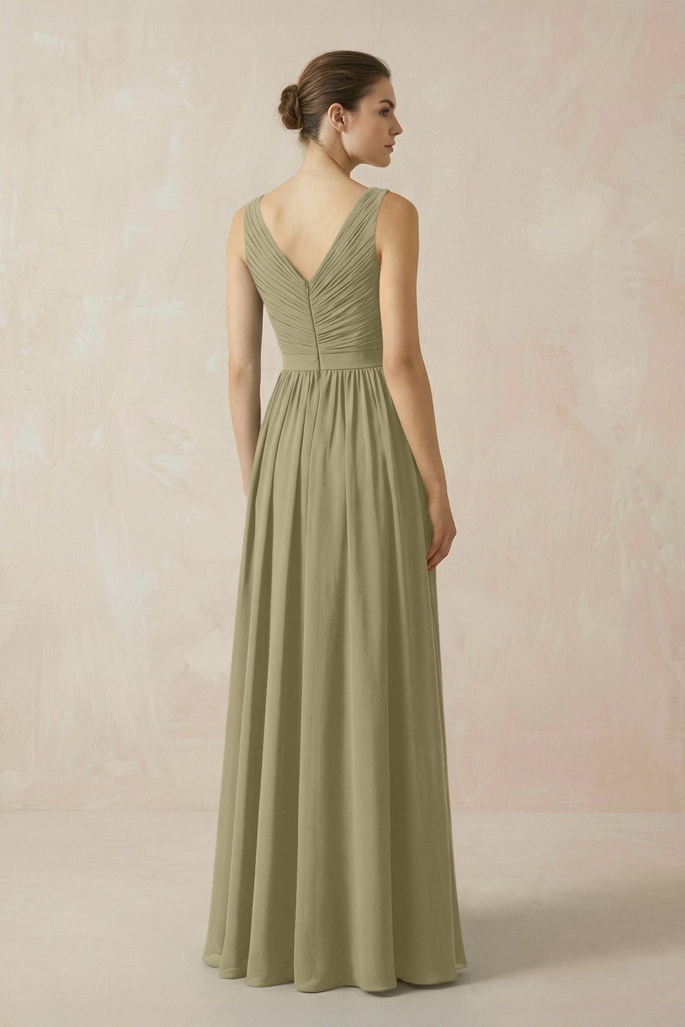 A-Line V-Neck Pleated Chiffon Bridesmaid Dress in Thyme - KissProm BRIDESMAID DRESSES