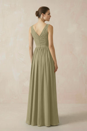A-Line V-Neck Pleated Chiffon Bridesmaid Dress in Thyme - KissProm BRIDESMAID DRESSES