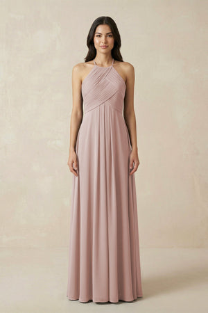 A-Line Halter Neck Pleated Chiffon Bridesmaid Dress in Toffee - KissProm BRIDESMAID DRESSES