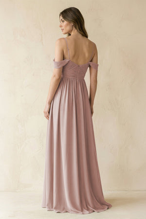 A-Line Off-the-Shoulder Pleated Chiffon Bridesmaid Dress in Toffee - KissProm BRIDESMAID DRESSES