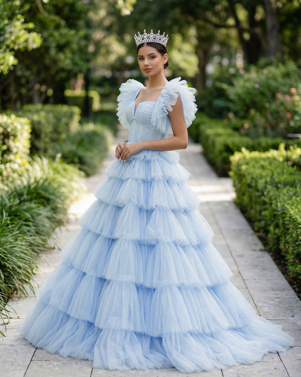KissProm-Sky BluePleated Tulle Ball Gown Ruffle Tiered Long Quinceanera Dresses