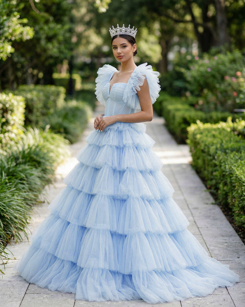 KissProm-Sky BluePleated Tulle Ball Gown Ruffle Tiered Long Quinceanera Dresses