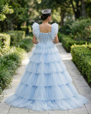 KissProm-Sky Blue Pleated Tulle Ball Gown Ruffle Tiered Long Quinceanera Dresses
