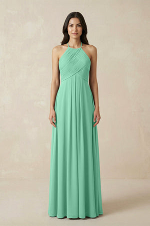 A-Line Halter Neck Pleated Chiffon Bridesmaid Dress in Turquoise - KissProm BRIDESMAID DRESSES