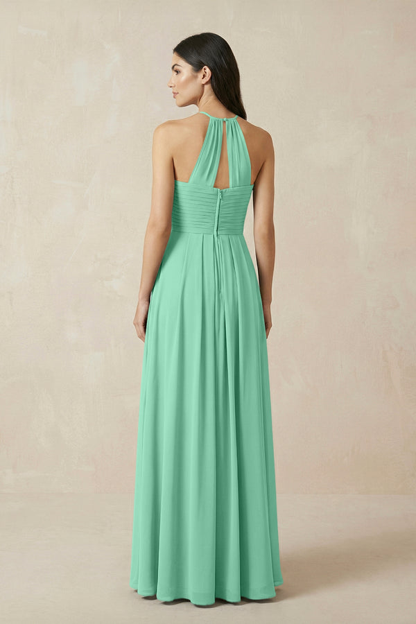 A-Line Halter Neck Pleated Chiffon Bridesmaid Dress in Turquoise - KissProm BRIDESMAID DRESSES