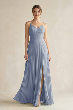 Pleated A-Line Long Chiffon Bridesmaid Dress in Twilight