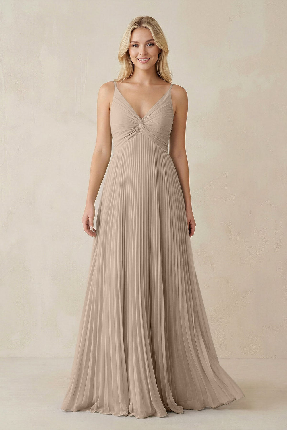 Pleated V - Neck A - Line Chiffon Bridesmaid Dress in Almond - KissProm Bridesmaid Dresses