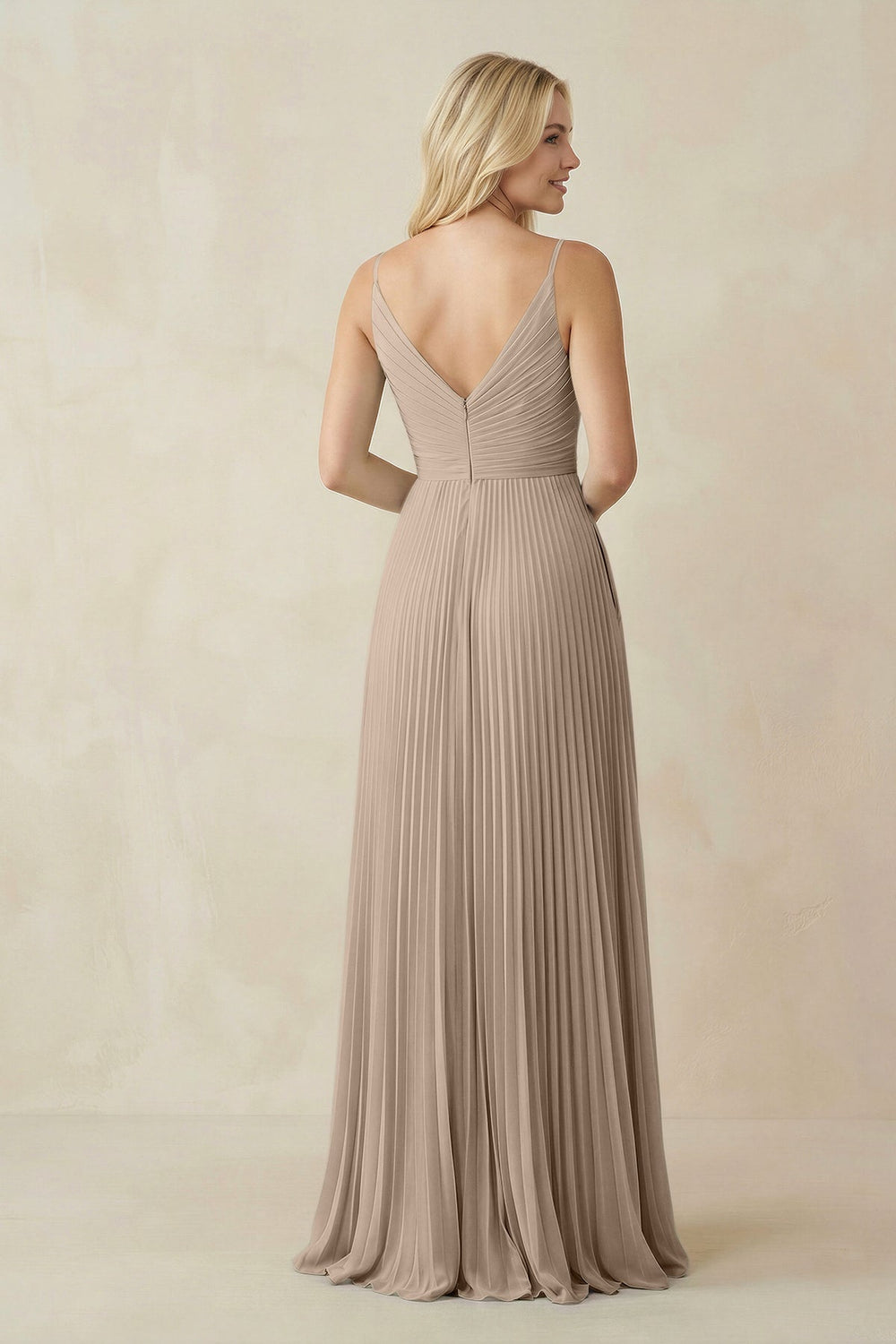 Pleated V - Neck A - Line Chiffon Bridesmaid Dress in Almond - KissProm Bridesmaid Dresses