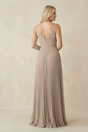 Pleated V - Neck A - Line Chiffon Bridesmaid Dress in Almond - KissProm Bridesmaid Dresses