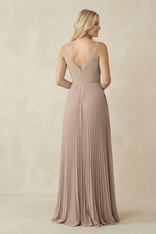 Pleated V - Neck A - Line Chiffon Bridesmaid Dress in Almond - KissProm Bridesmaid Dresses