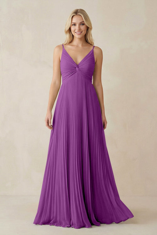 Pleated V - Neck A - Line Chiffon Bridesmaid Dress in Amethyst - KissProm Bridesmaid Dresses