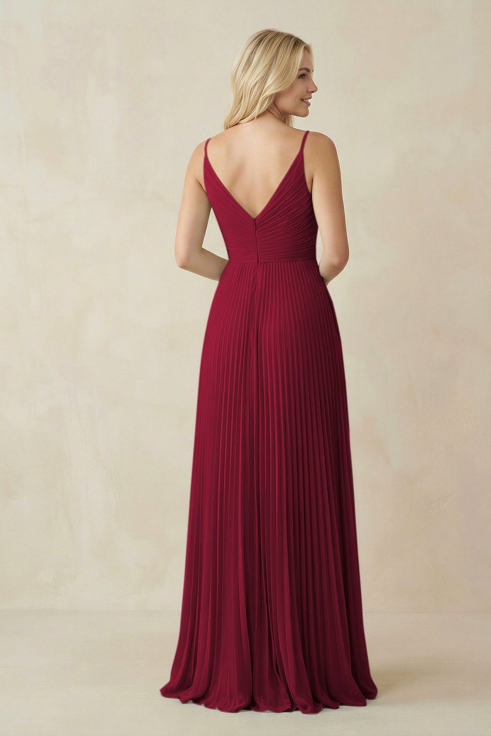 Pleated V - Neck A - Line Chiffon Bridesmaid Dress in Berry - KissProm Bridesmaid Dresses