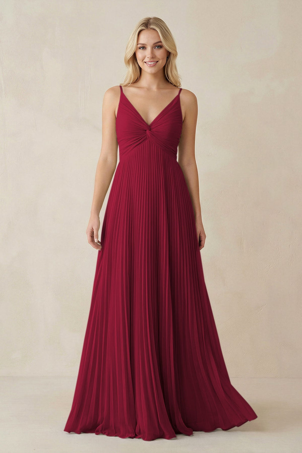 Pleated V - Neck A - Line Chiffon Bridesmaid Dress in Berry - KissProm Bridesmaid Dresses