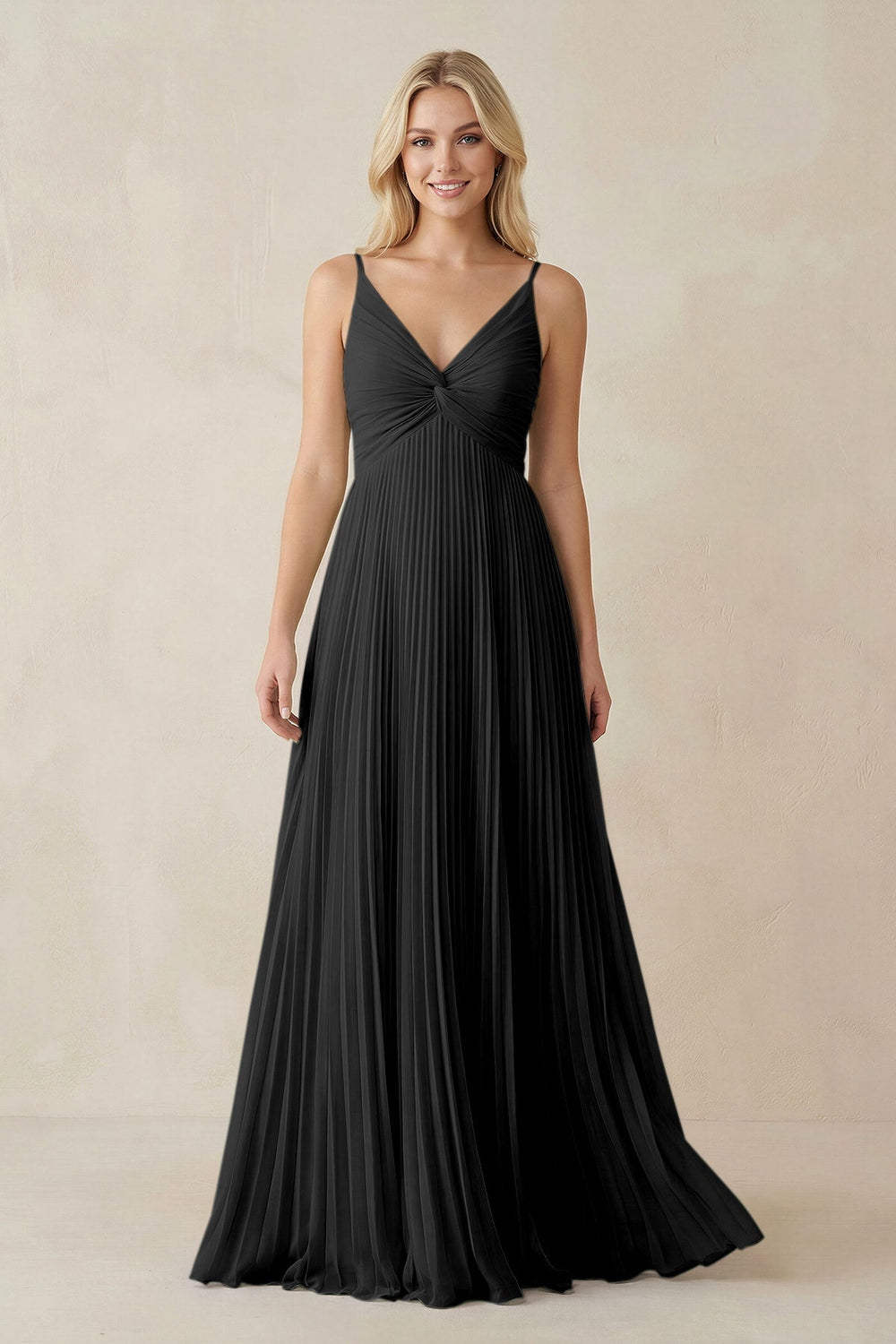 Pleated V - Neck A - Line Chiffon Bridesmaid Dress in Black - KissProm Bridesmaid Dresses