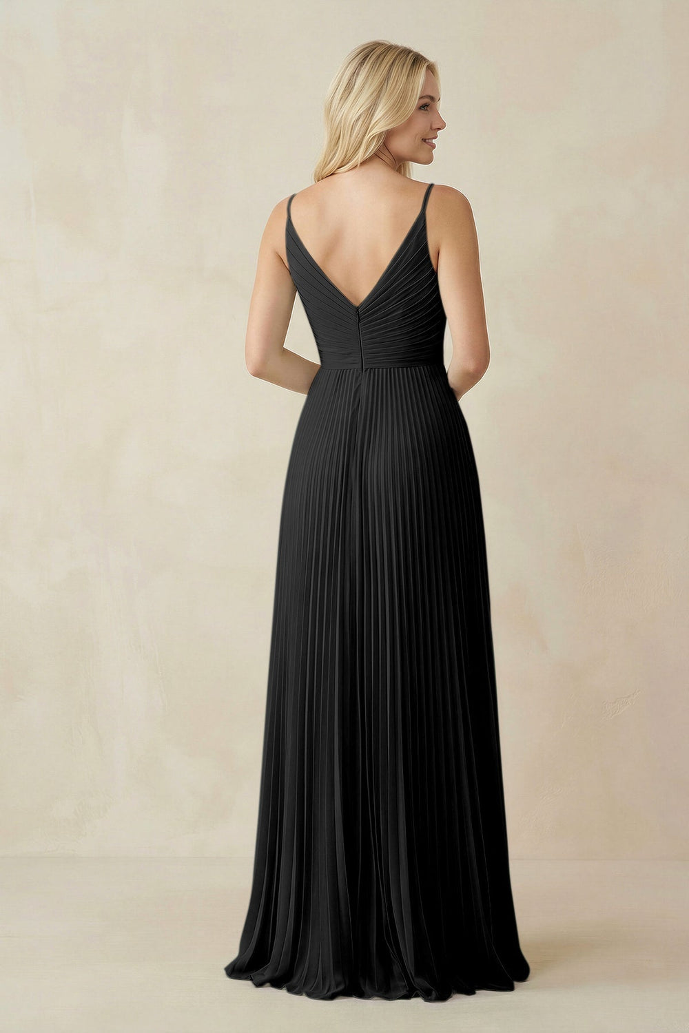 Pleated V - Neck A - Line Chiffon Bridesmaid Dress in Black - KissProm Bridesmaid Dresses