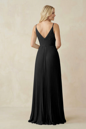 Pleated V - Neck A - Line Chiffon Bridesmaid Dress in Black - KissProm Bridesmaid Dresses