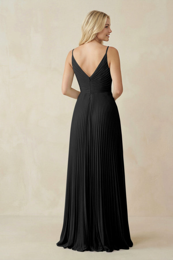 Pleated V - Neck A - Line Chiffon Bridesmaid Dress in Black - KissProm Bridesmaid Dresses