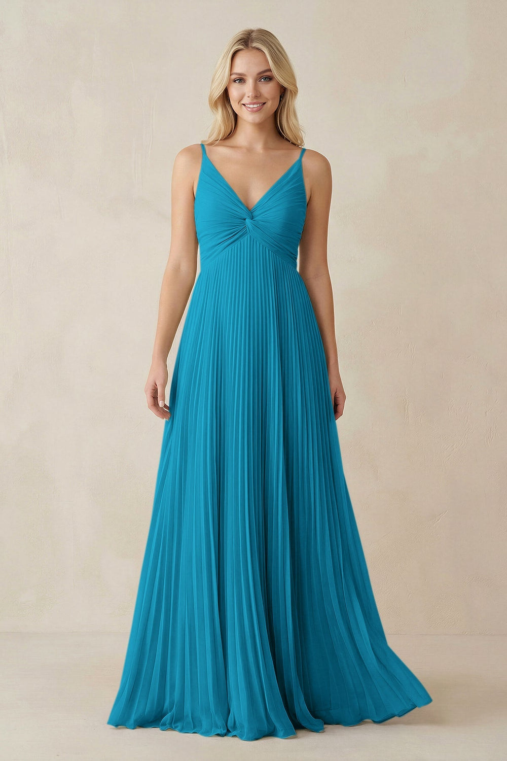 Pleated V - Neck A - Line Chiffon Bridesmaid Dress in Blue Jay - KissProm Bridesmaid Dresses