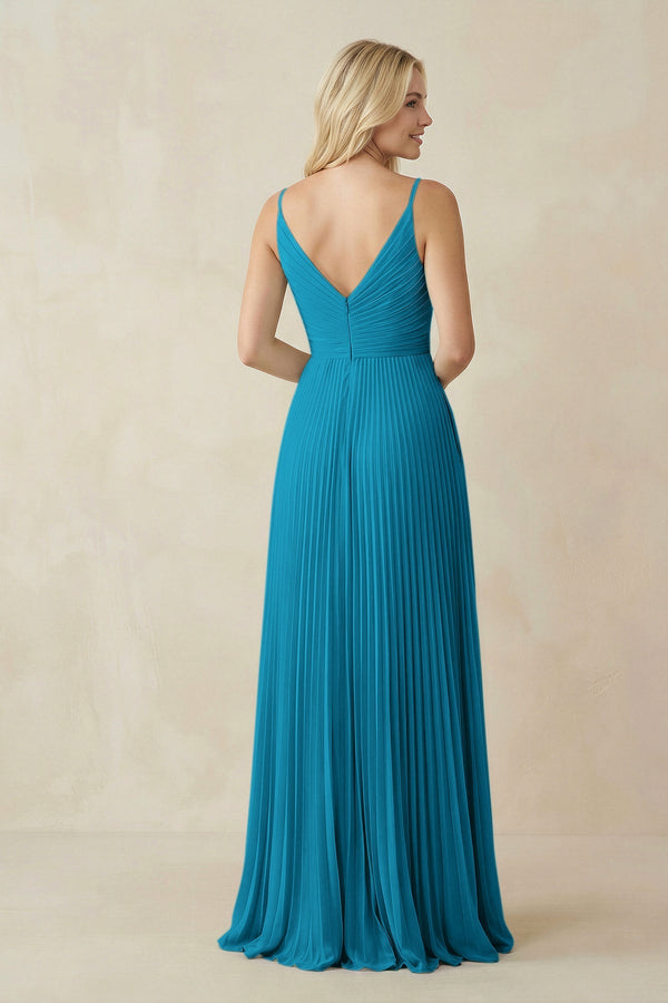 Pleated V - Neck A - Line Chiffon Bridesmaid Dress in Blue Jay - KissProm Bridesmaid Dresses